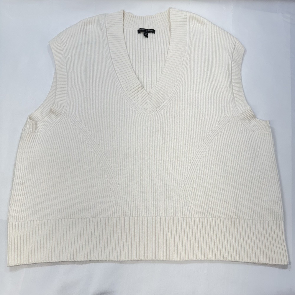 Banana Republic Sweater Vest XL / XXL Ivory Cotton Wool Blend Ribbed Sleeveless - Picture 5 of 10